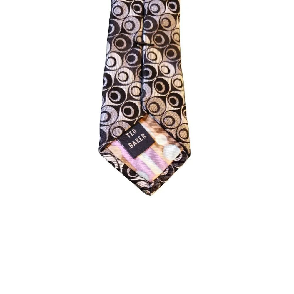 TED BAKER LONDON Mens Neck Tie 100% Silk EUC Black Gray Geometric Striped Design
